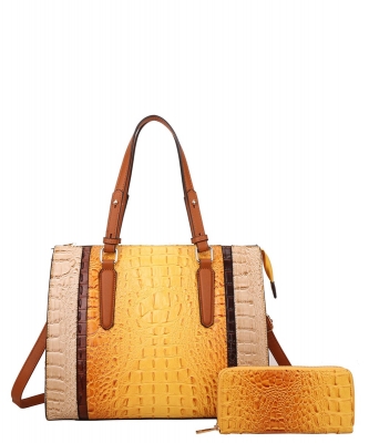 2in1 Alligator Croc Fashion Satchel Bag with Wallet CY-7187W YELLOW